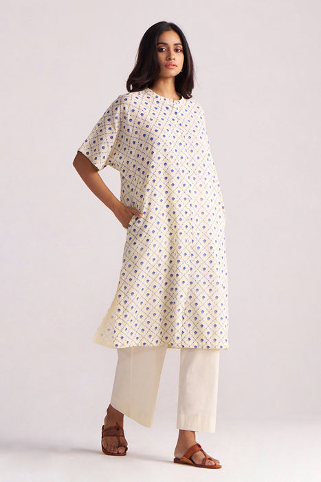 Cream and Blue Small Flower Hand-Print Cotton Linen Co-ord Set