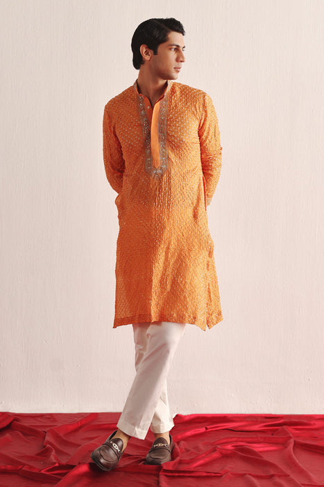 Mandarin Crushed Bandhani Kurta With Marodiwork