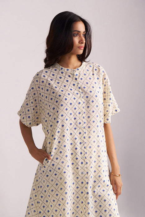 Cream and Blue Small Flower Hand-Print Cotton Linen Co-ord Set