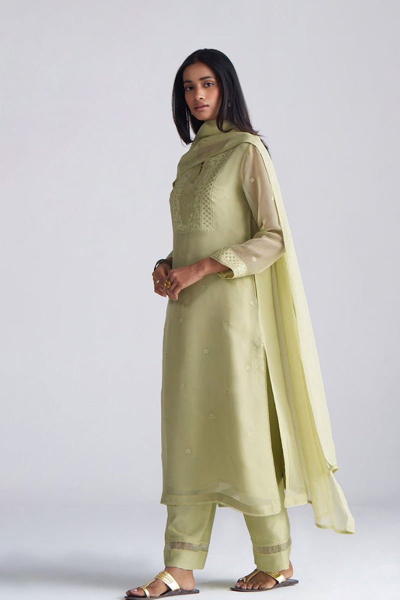 Pista Milk kora Silk Kurta Set