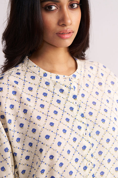 Cream and Blue Small Flower Hand-Print Cotton Linen Co-ord Set