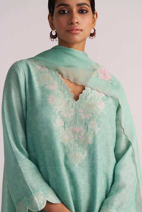 Dusty Jade Green Woven Silk Kurta Set