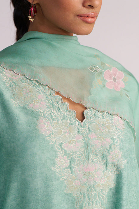 Dusty Jade Green Woven Silk Kurta Set