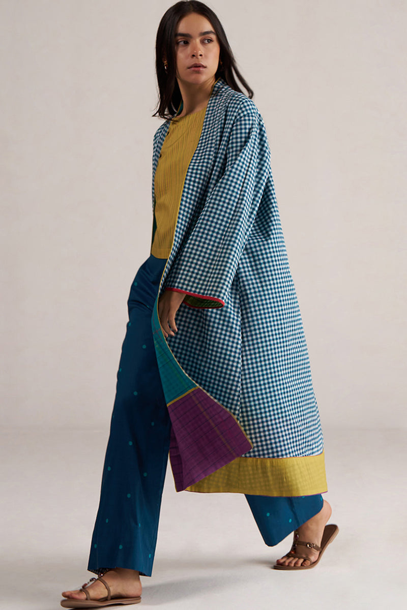 Navigate Blue Checkard Kimono With Moss-Yellow Top and Blue Bottom Co-ord Set