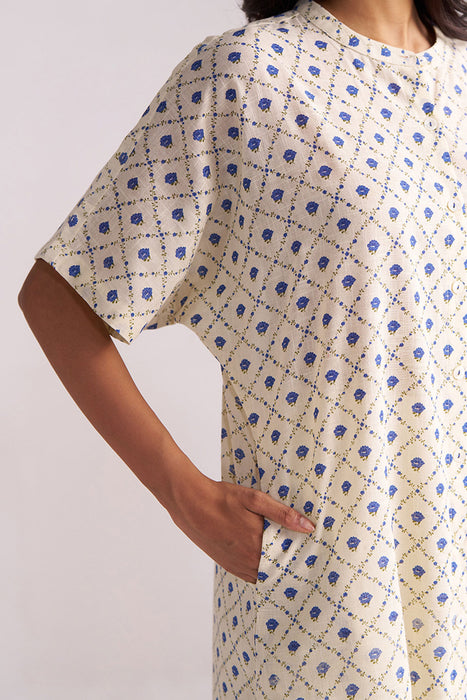 Cream and Blue Small Flower Hand-Print Cotton Linen Co-ord Set