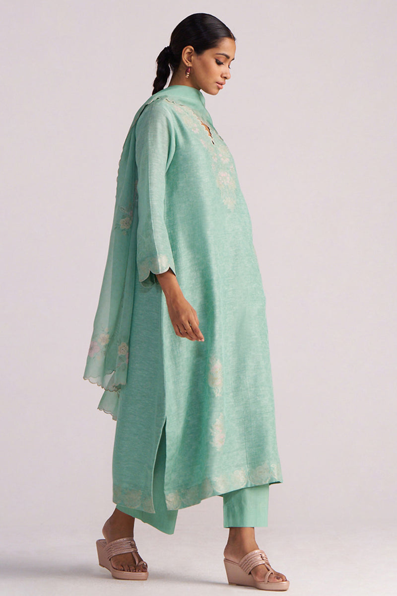 Dusty Jade Green Woven Silk Kurta Set
