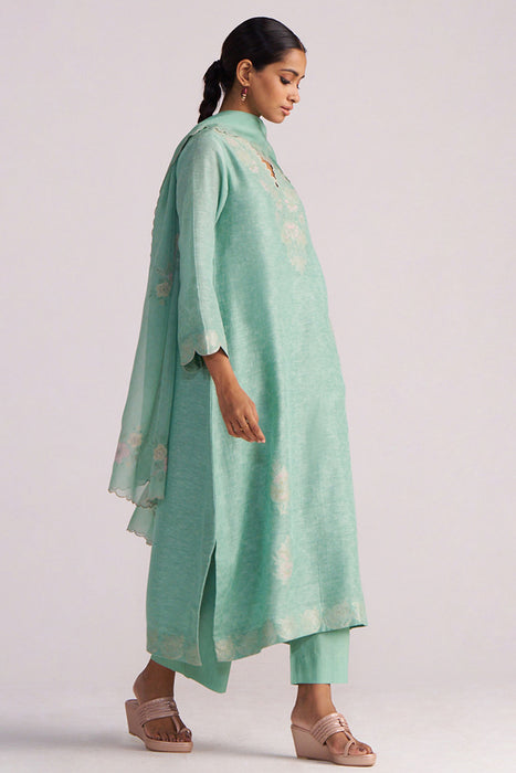 Dusty Jade Green Woven Silk Kurta Set