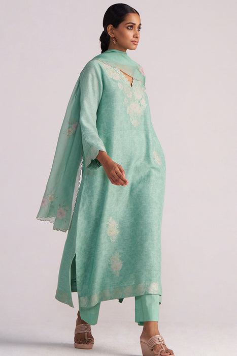 Dusty Jade Green Woven Silk Kurta Set
