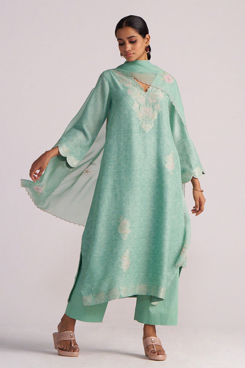 Dusty Jade Green Woven Silk Kurta Set