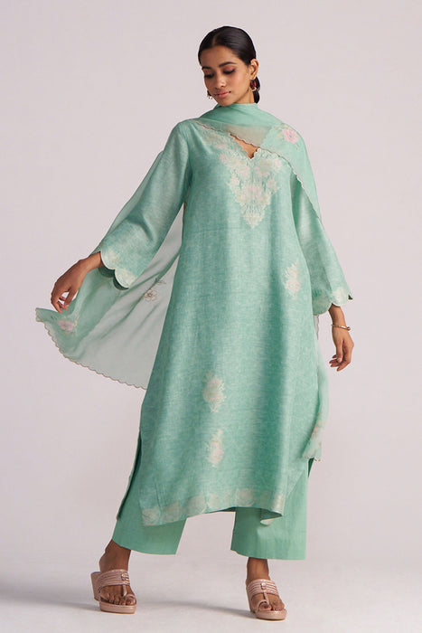 Dusty Jade Green Woven Silk Kurta Set