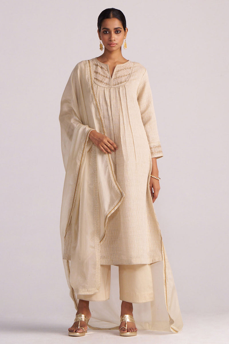 Beige Woven Kurta Set