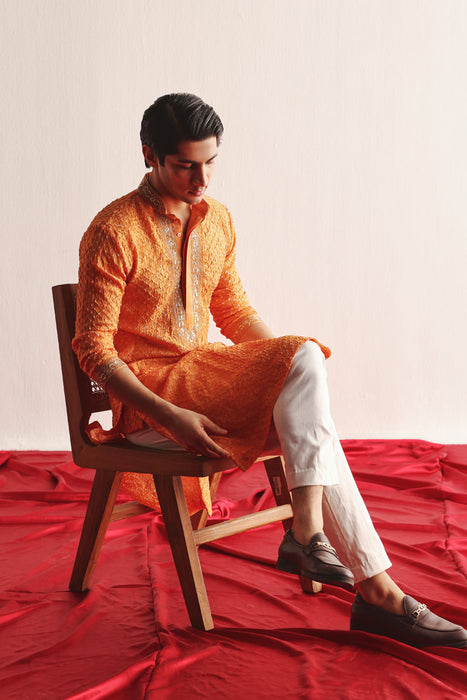 Mandarin Crushed Bandhani Kurta With Marodiwork