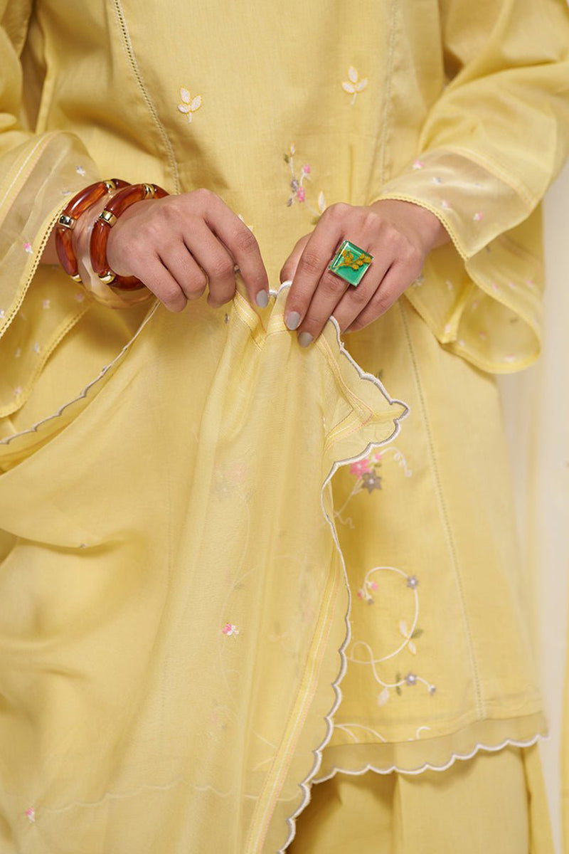 Sulphur Yellow Mul-Chanderi Kurta Set
