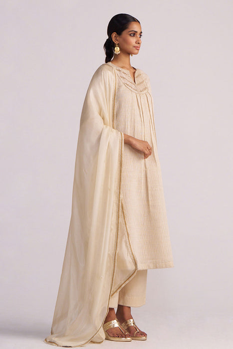 Beige Woven Kurta Set