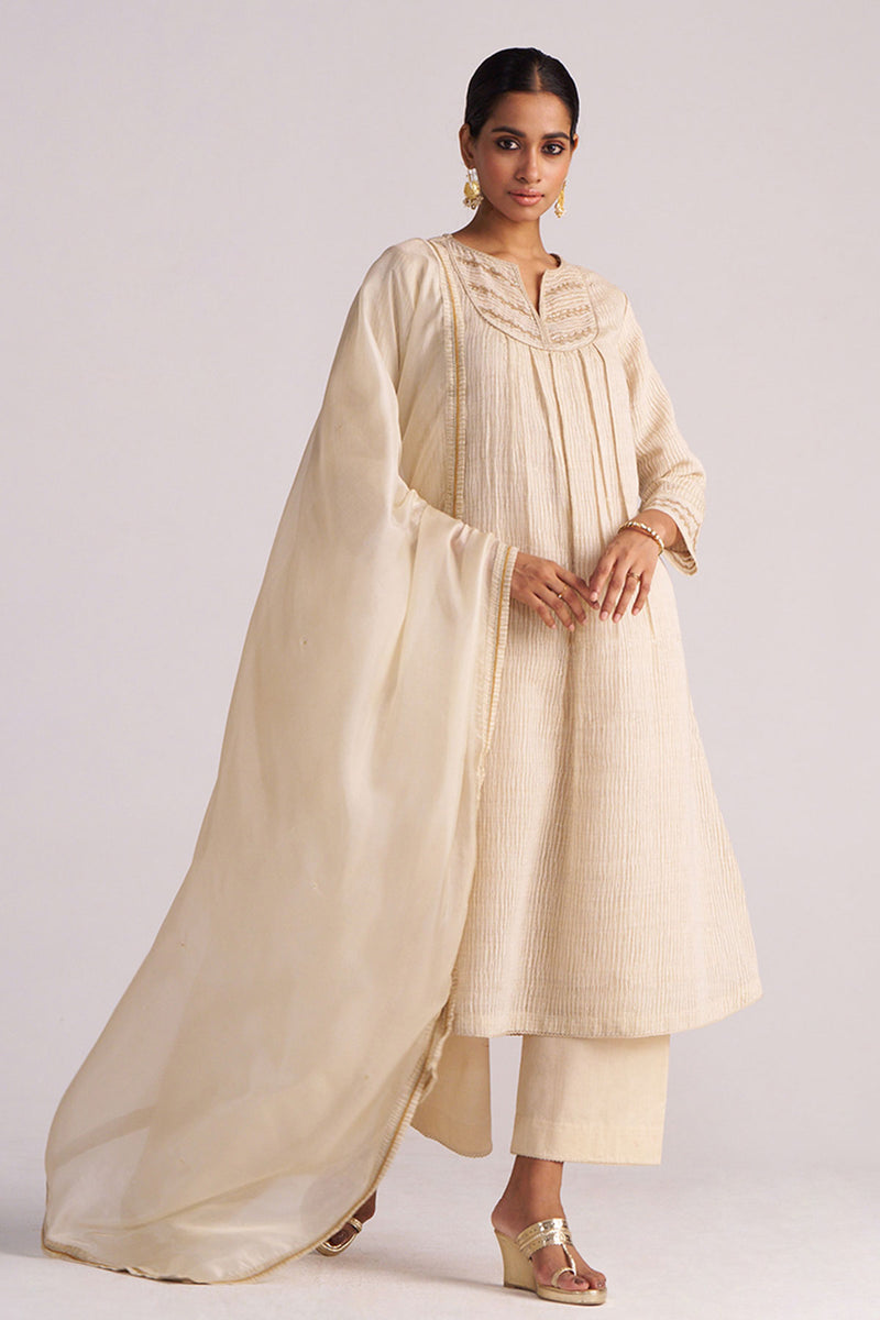 Beige Woven Kurta Set