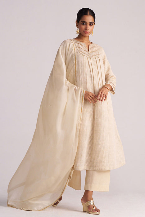 Beige Woven Kurta Set
