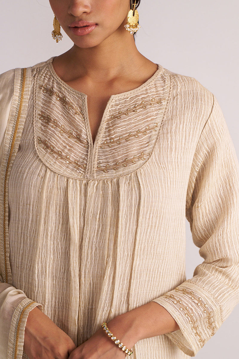 Beige Woven Kurta Set