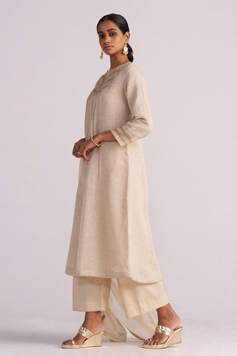 Beige Woven Kurta Set