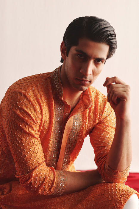 Mandarin Crushed Bandhani Kurta With Marodiwork