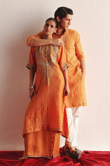 Marodiwork Crushed Bandhani Silk Kaftan Kurta with Pencil Skirt