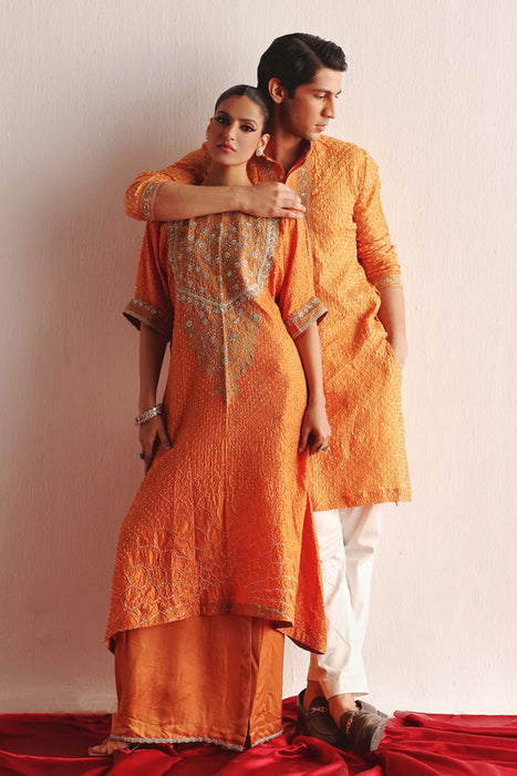 Mandarin Crushed Bandhani Kurta With Marodiwork