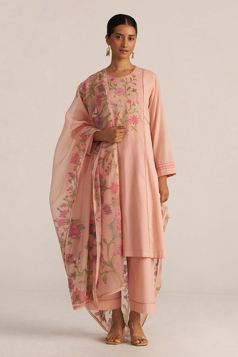 Pale Blush Embroidered and Woven Kurta Set