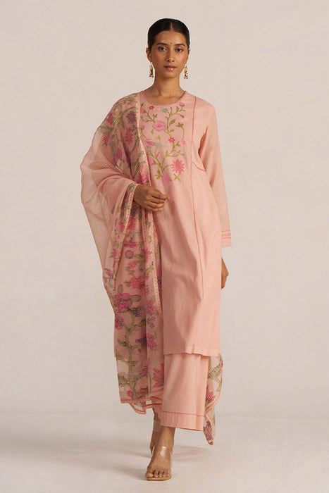 Pale Blush Embroidered and Woven Kurta Set