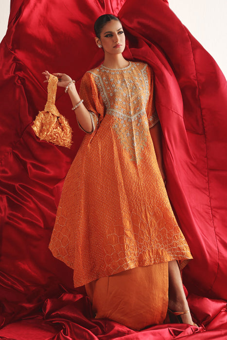 Marodiwork Crushed Bandhani Silk Kaftan Kurta with Pencil Skirt