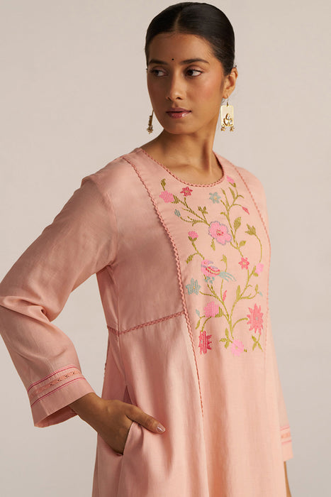 Pale Blush Embroidered and Woven Kurta Set