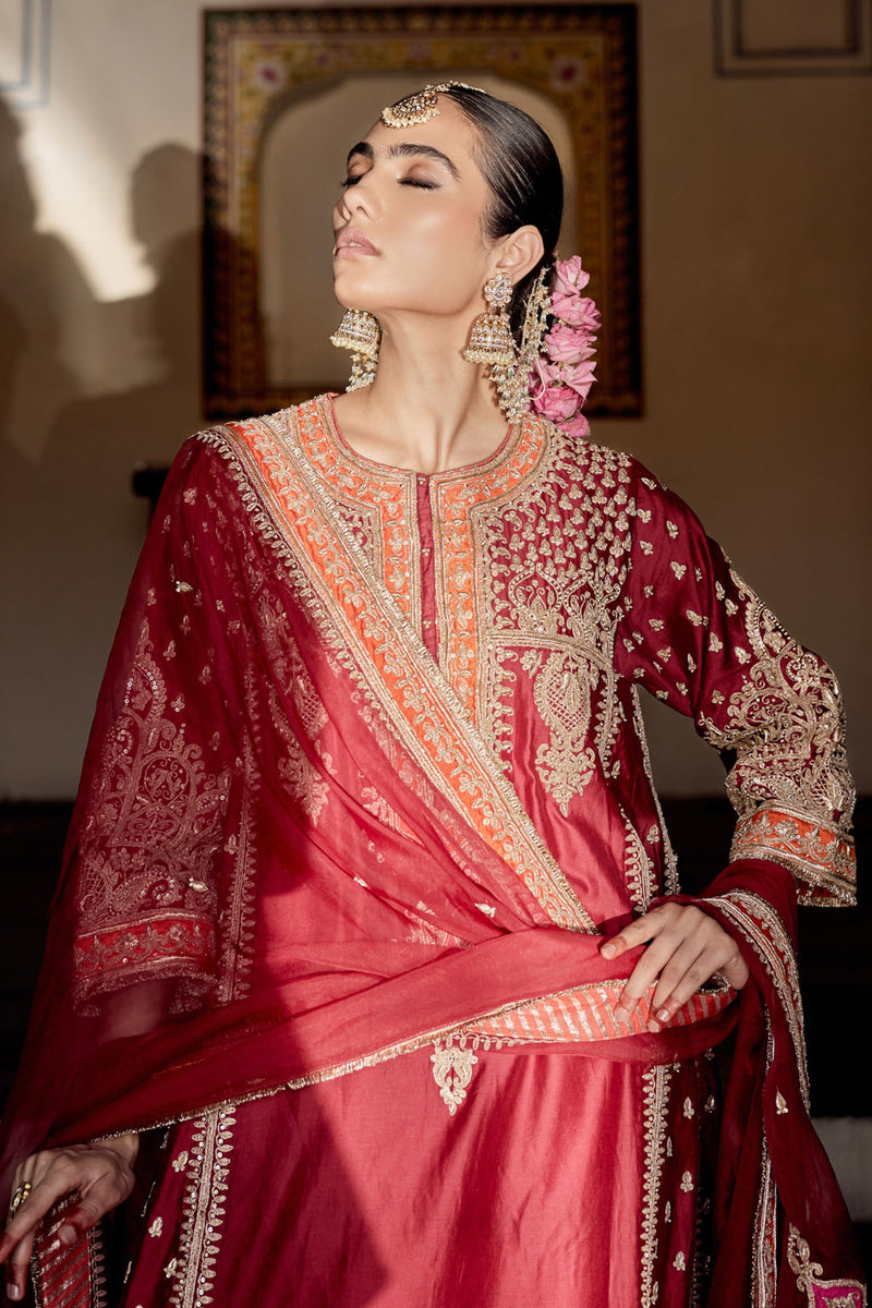 Zoya - Dabka Zardozi Embroidered Rich Banarasi Kalidaar Deep Red Long Chauga Set