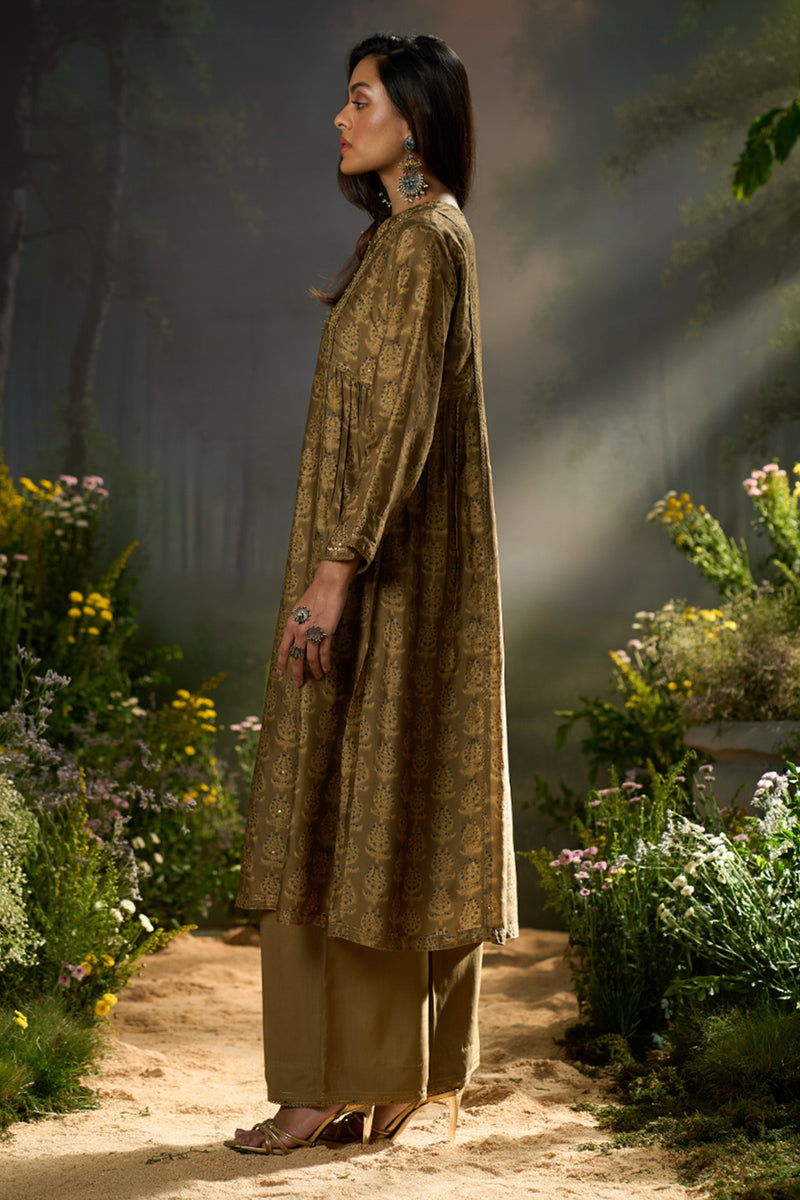 Olive Green Silk Print Festive Kurta Set