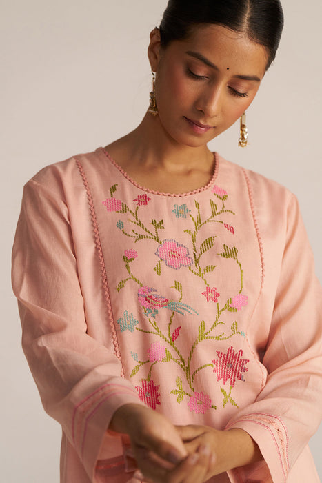 Pale Blush Embroidered and Woven Kurta Set