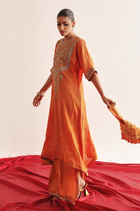 Marodiwork Crushed Bandhani Silk Kaftan Kurta with Pencil Skirt
