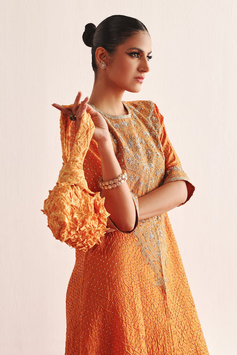 Marodiwork Crushed Bandhani Silk Kaftan Kurta with Pencil Skirt