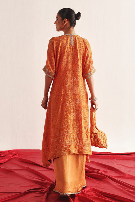 Marodiwork Crushed Bandhani Silk Kaftan Kurta with Pencil Skirt