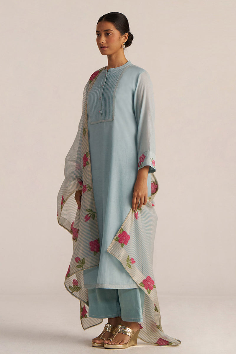Ether Blue Embroidered and Woven Kurta Set