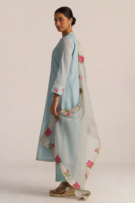 Ether Blue Embroidered and Woven Kurta Set