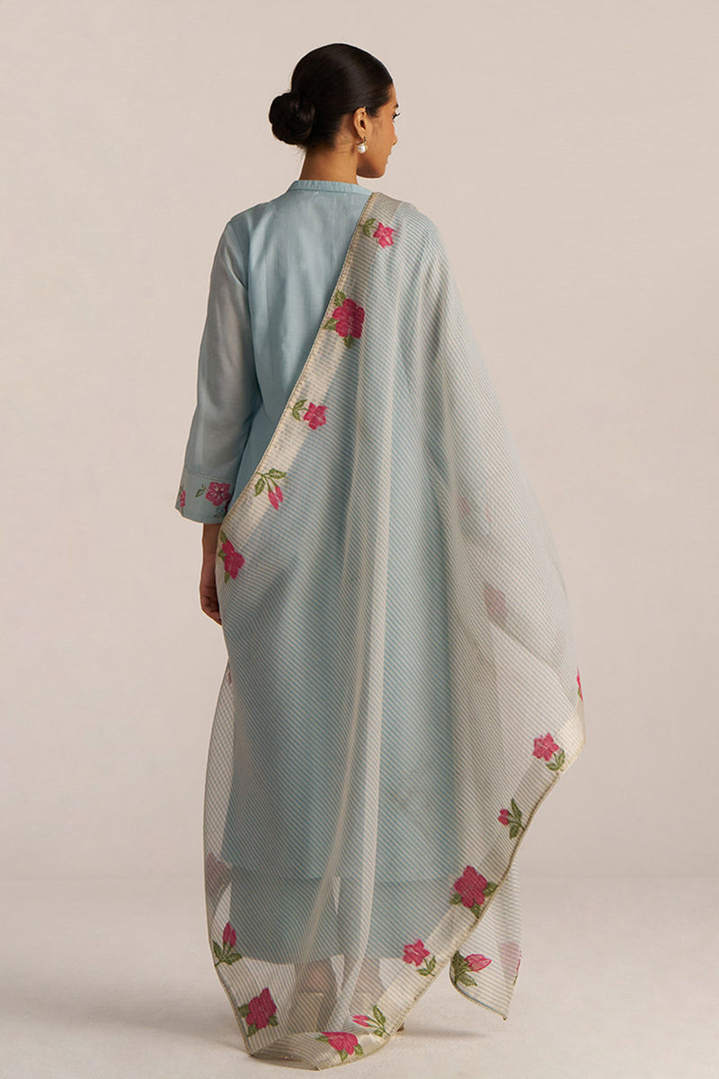 Ether Blue Embroidered and Woven Kurta Set