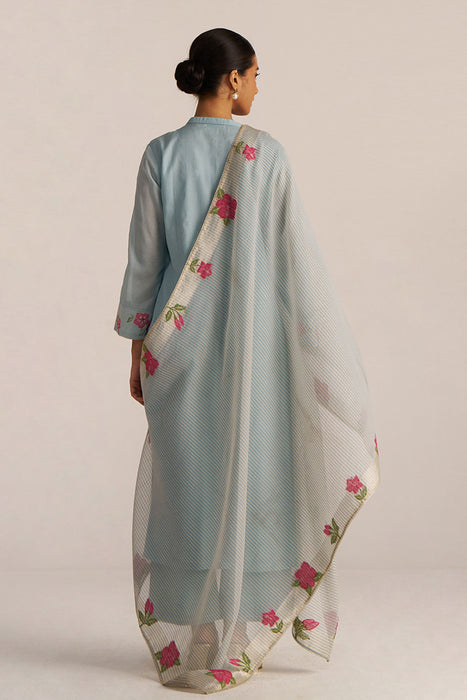Ether Blue Embroidered and Woven Kurta Set