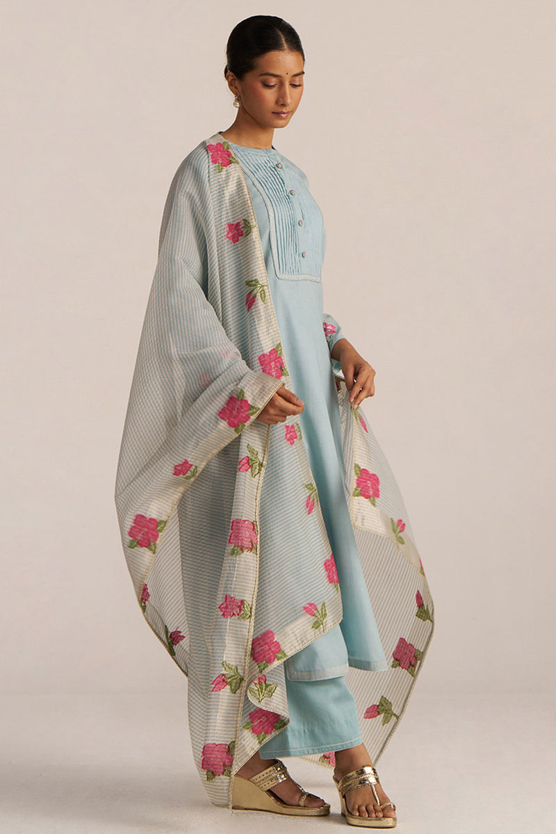 Ether Blue Embroidered and Woven Kurta Set