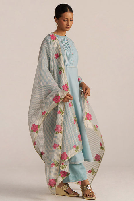 Ether Blue Embroidered and Woven Kurta Set