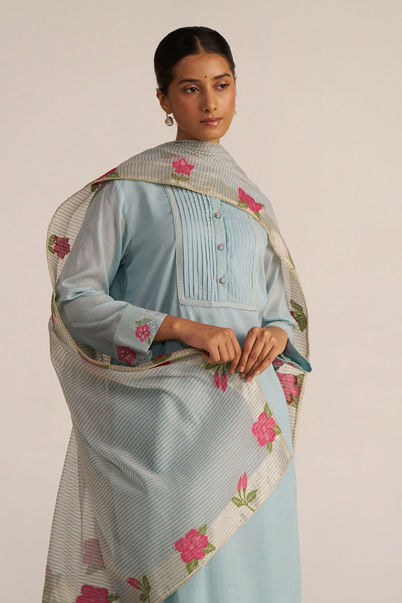 Ether Blue Embroidered and Woven Kurta Set