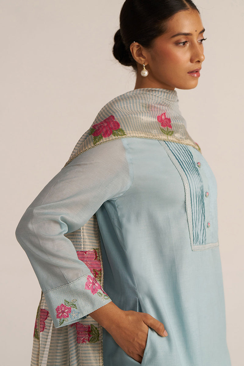 Ether Blue Embroidered and Woven Kurta Set