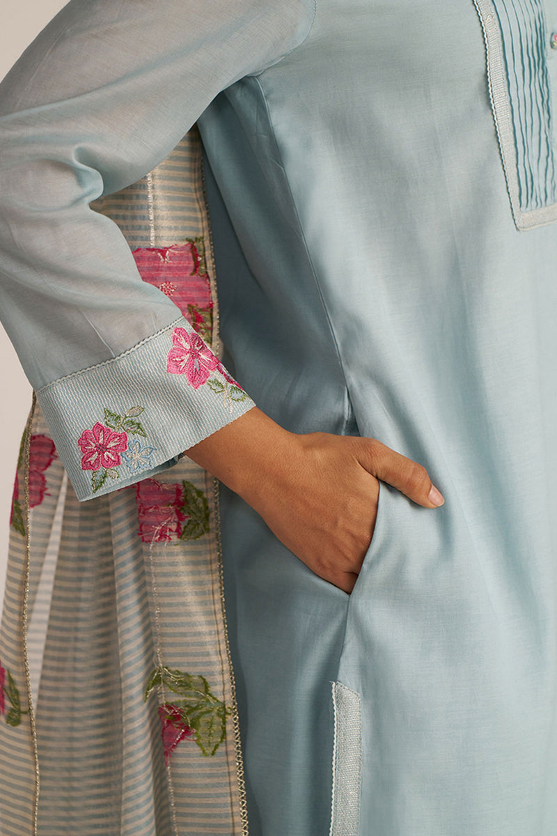 Ether Blue Embroidered and Woven Kurta Set