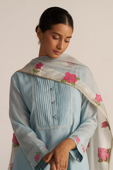 Ether Blue Embroidered and Woven Kurta Set