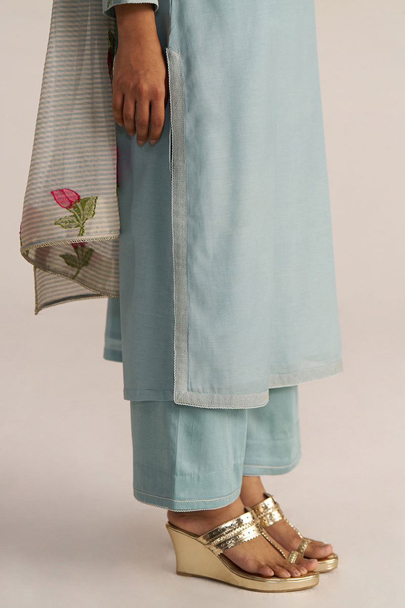 Ether Blue Embroidered and Woven Kurta Set