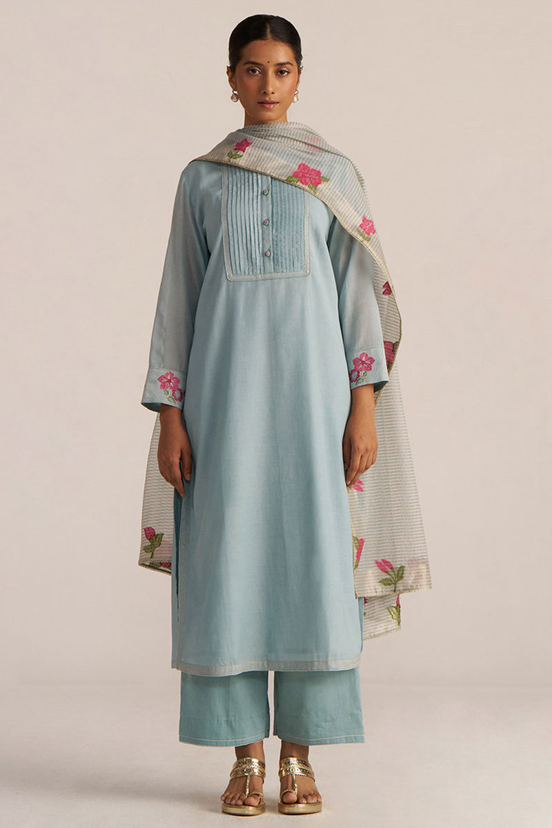 Ether Blue Embroidered and Woven Kurta Set