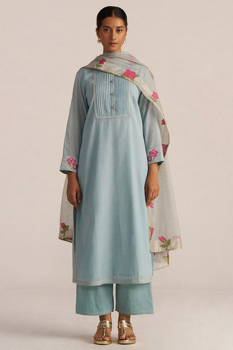 Ether Blue Embroidered and Woven Kurta Set