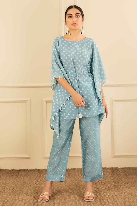 Powder Blue Bandhani Kaftan Set