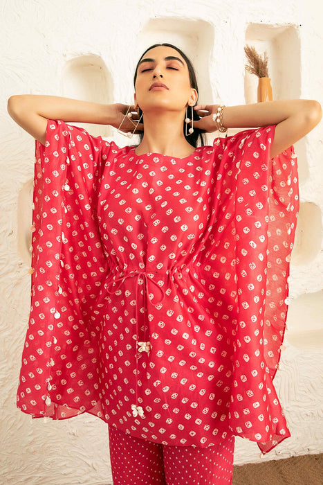 Cherry Bandhani Kaftan Set